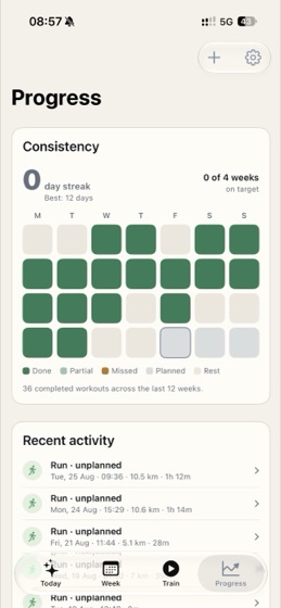 Progress screen: a consistency calendar with done, partial, missed and rest days.