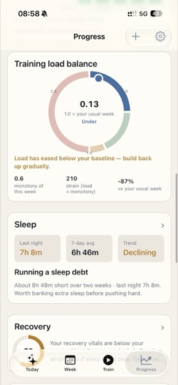 Progress screen: training load balance, sleep and recovery readiness.