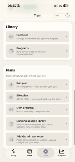 Train screen: the exercise library and lift progress.