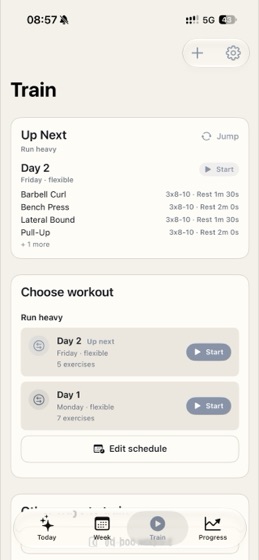 Train screen: a gym program up next, with exercises, sets, reps and rest ready to start.