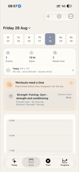Week screen: work events, open windows and workouts that still need a time on one timeline.